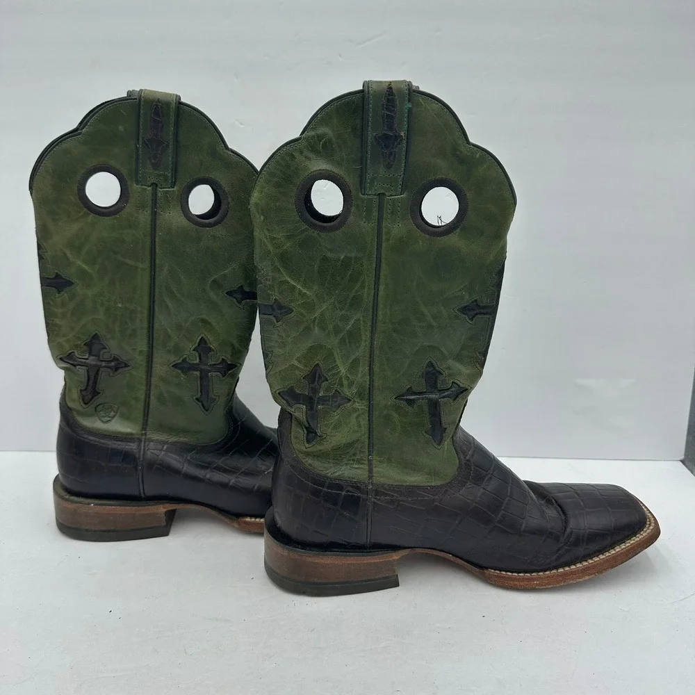 Ariat Mens Ranchero Cowboy Boots Sz 9.5D Green Brown Cross Overlay Square Toe - Picture 6 of 7